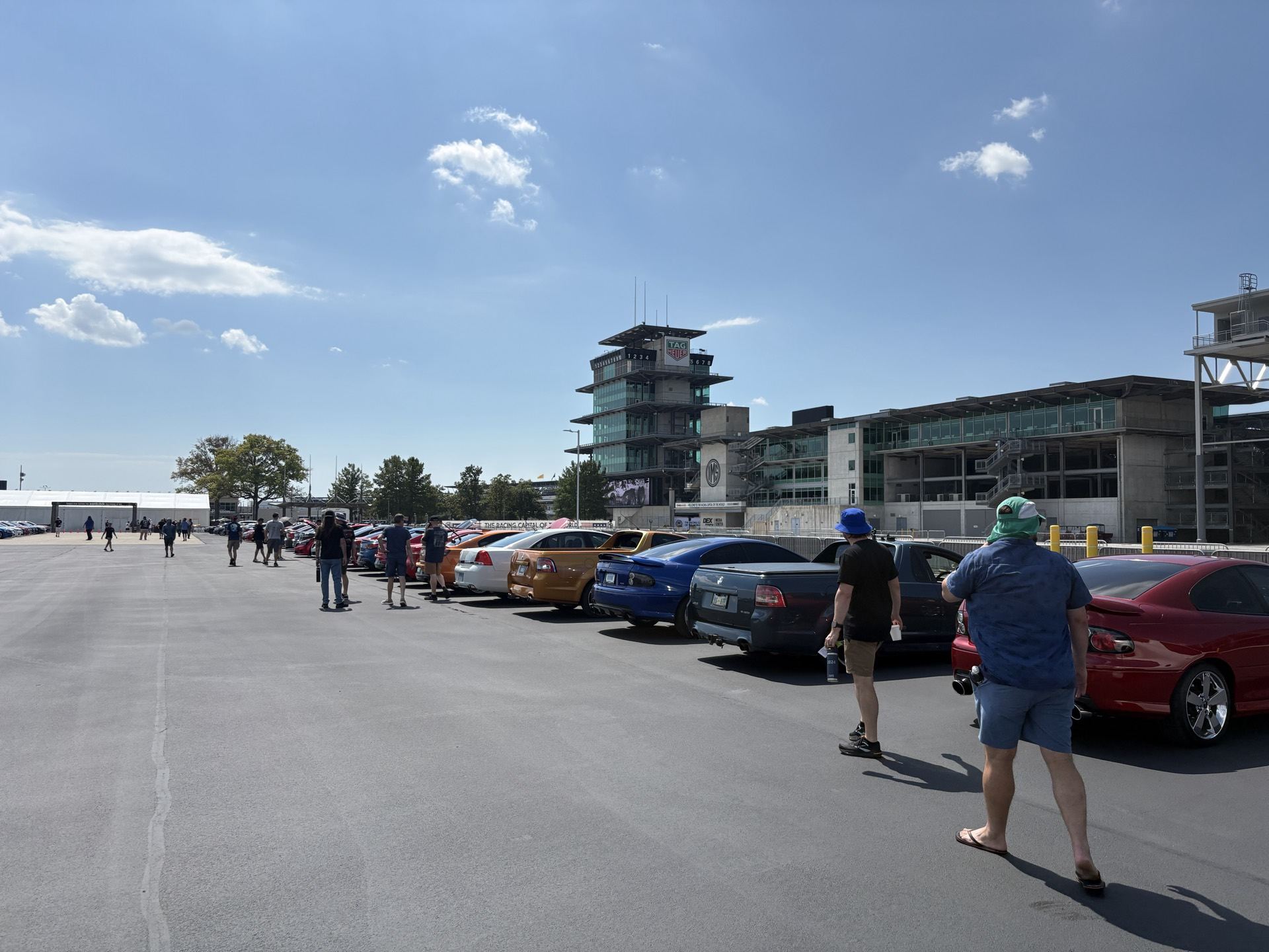Chevy SS and Holden Commodores lined up with the IMS Pagoda in the background